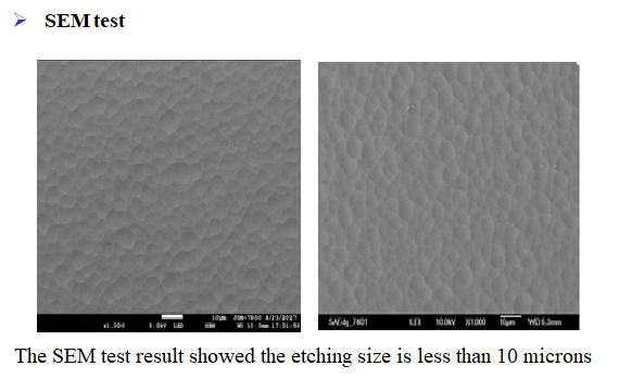 Anti-Glare Etched Glass SEM Micrograph Showing Uniform Etched Particle Morphology and Surface Texture